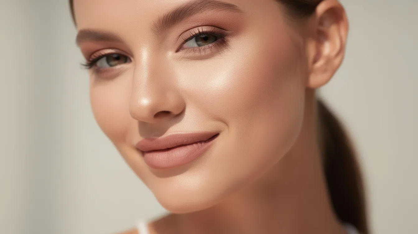 Close-up portrait of a smiling woman with soft makeup against a light background