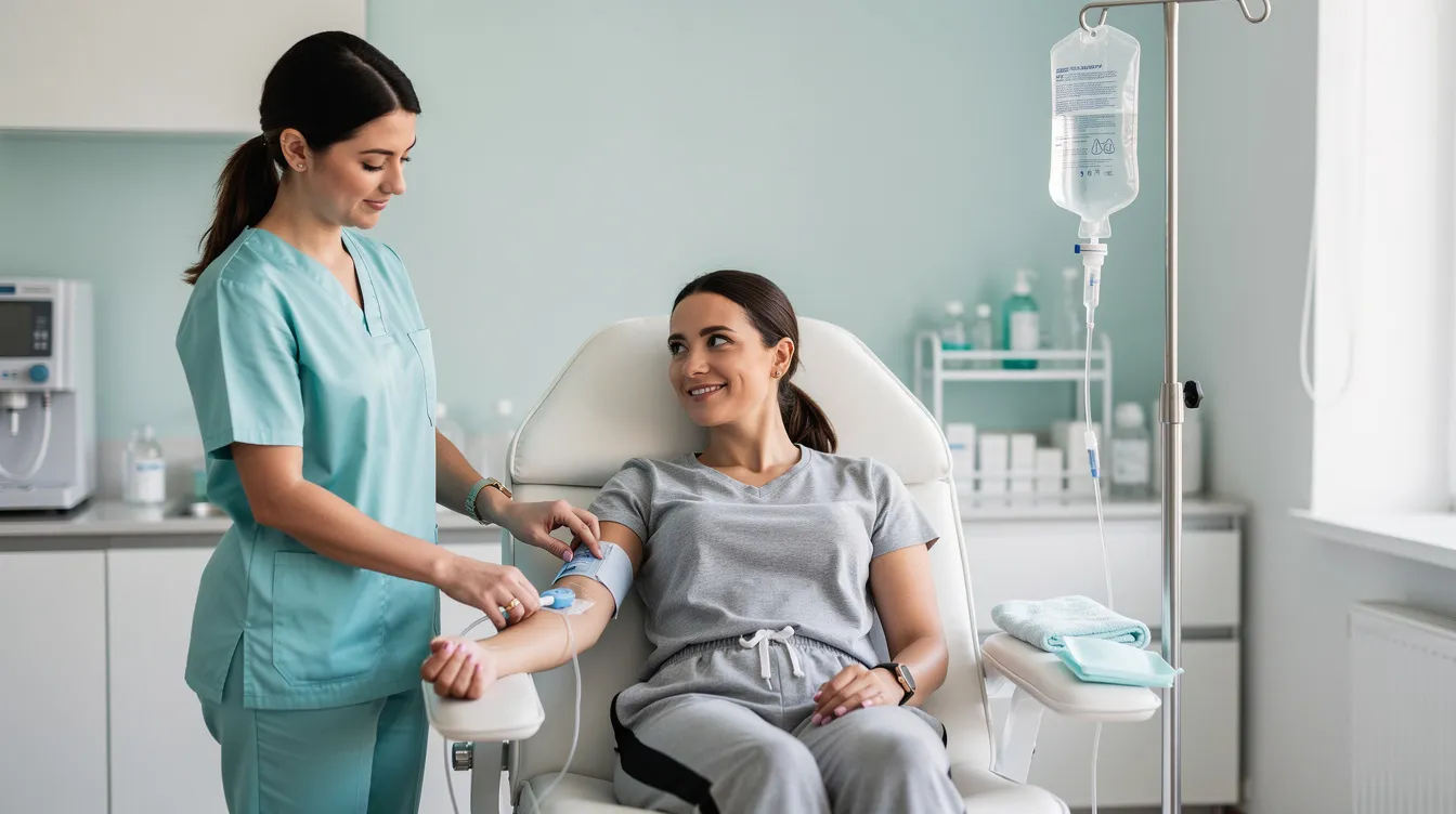 Nurse prepares IV for patient in recliner chair.