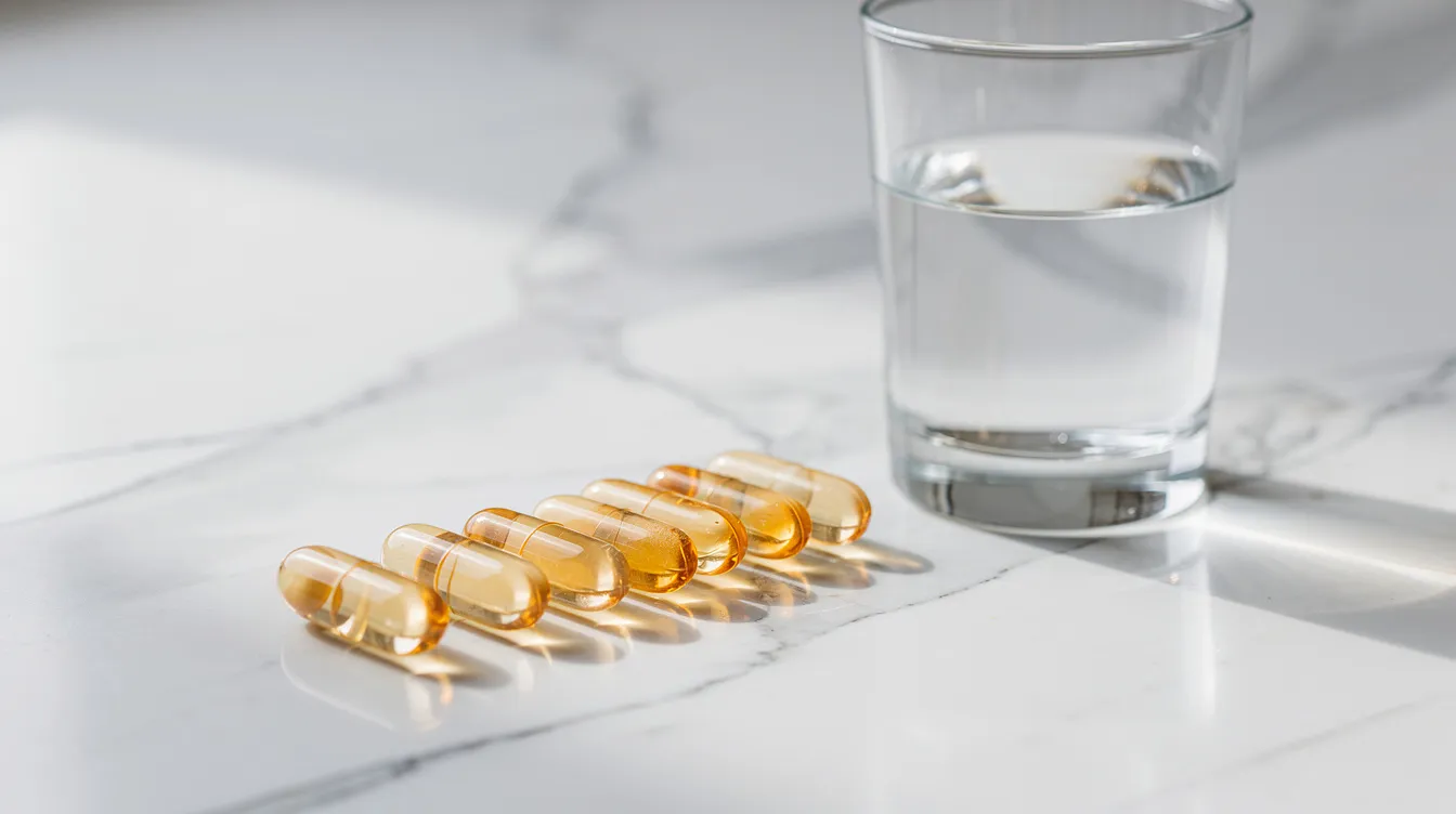 An arrangement of several supplement capsules is displayed neatly on a clean white marble surface, accompanied by a glass of water, symbolizing a daily routine for supporting cellular health and enhancing energy production. These capsules may contain key ingredients like nicotinamide riboside, known for its potential benefits in improving mitochondrial function and promoting healthy aging.