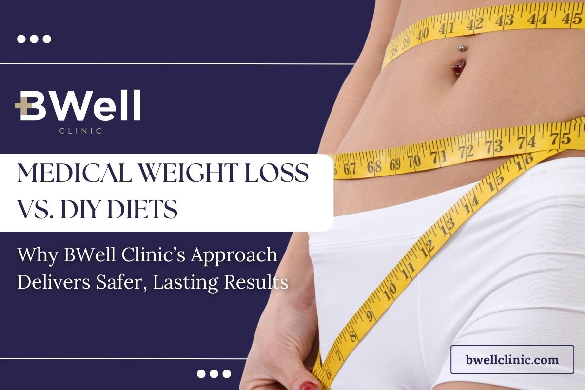 Woman with measuring tape around waist; ad for BWell Clinic's medical weight loss vs. DIY diets.