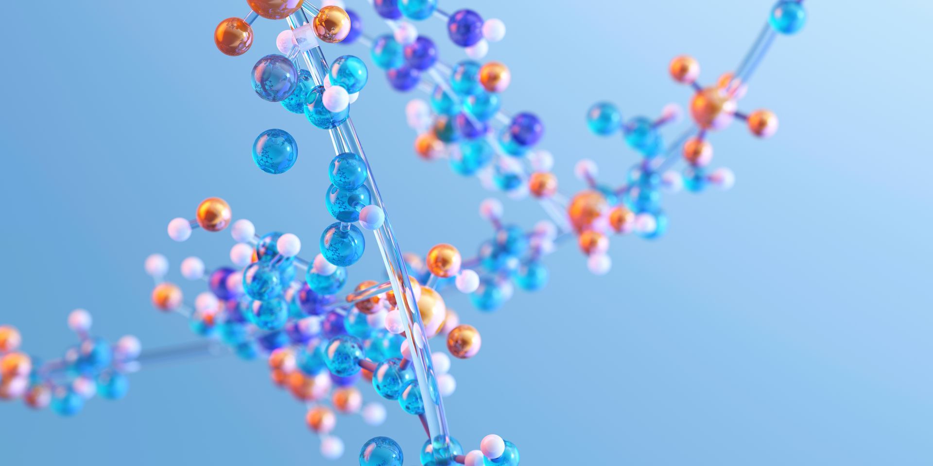 Colorful DNA strands with glowing blue and orange spheres on a light blue background