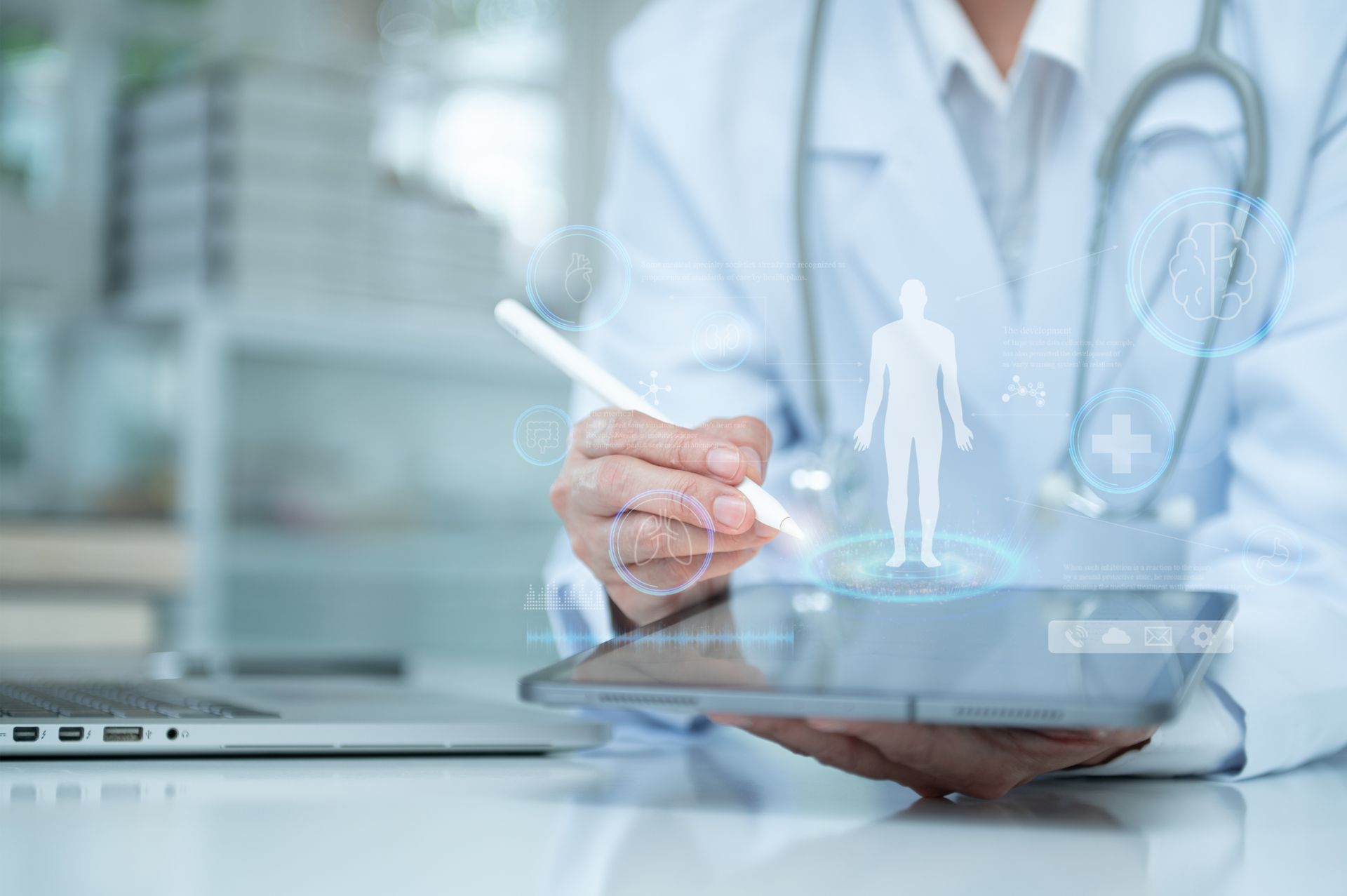 Doctor using a tablet, with a digital human figure overlaid on the screen.