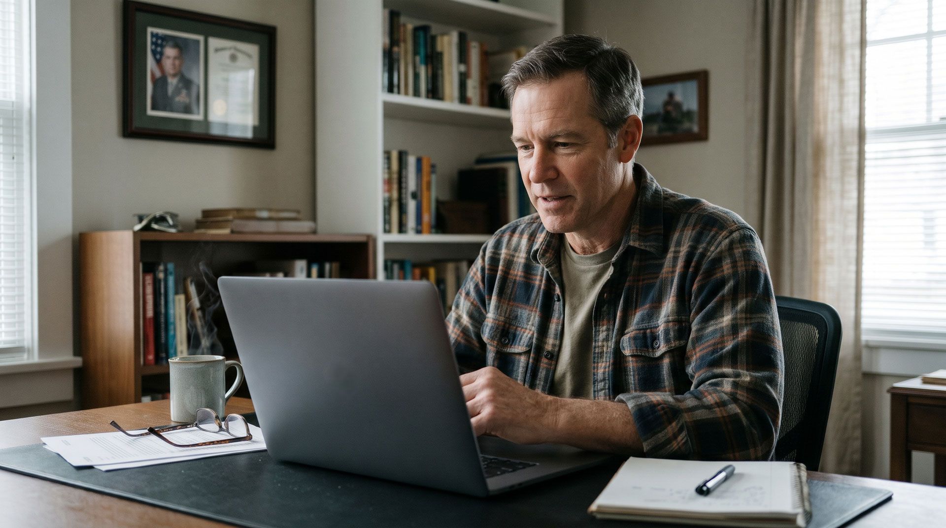Man working on a laptop at a home desk with bookshelves and a coffee mug nearby