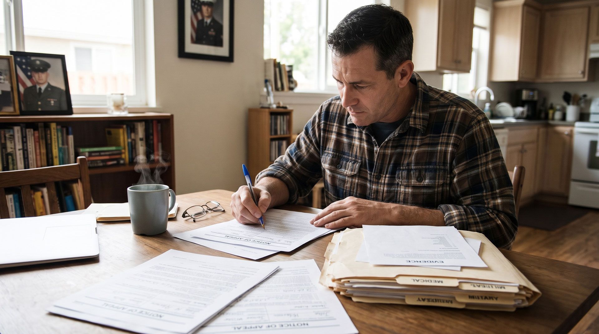 Person writing at a kitchen table with papers, books, and a coffee mug nearby