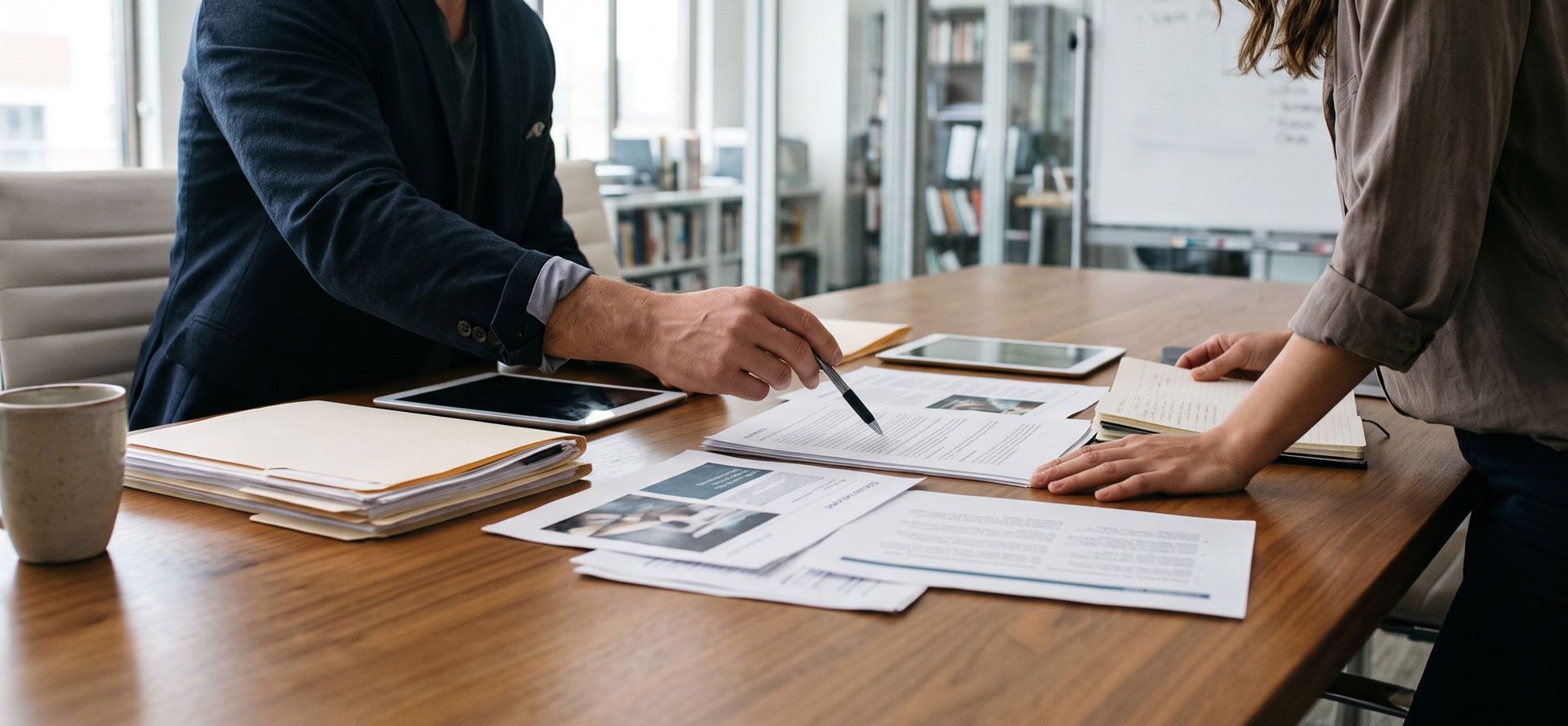 Two people reviewing documents across a wooden table in a bright office