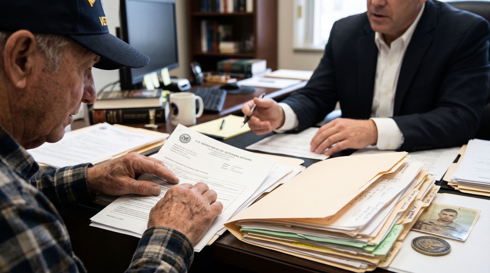 Two men reviewing paperwork at an office desk with stacks of files and coins