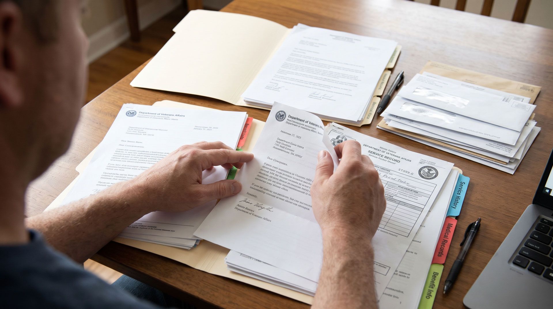 Person reviewing paperwork at a wooden desk with stacked documents and a laptop nearby