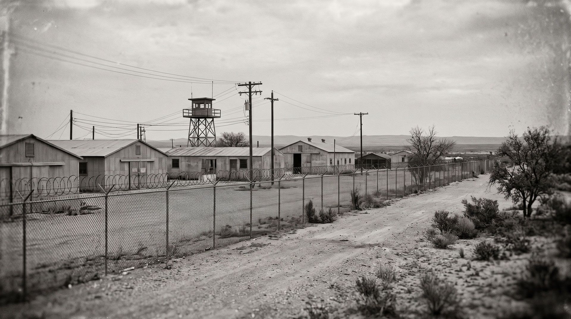 Desert camp with fenced barracks, watchtower, and utility poles under a cloudy sky