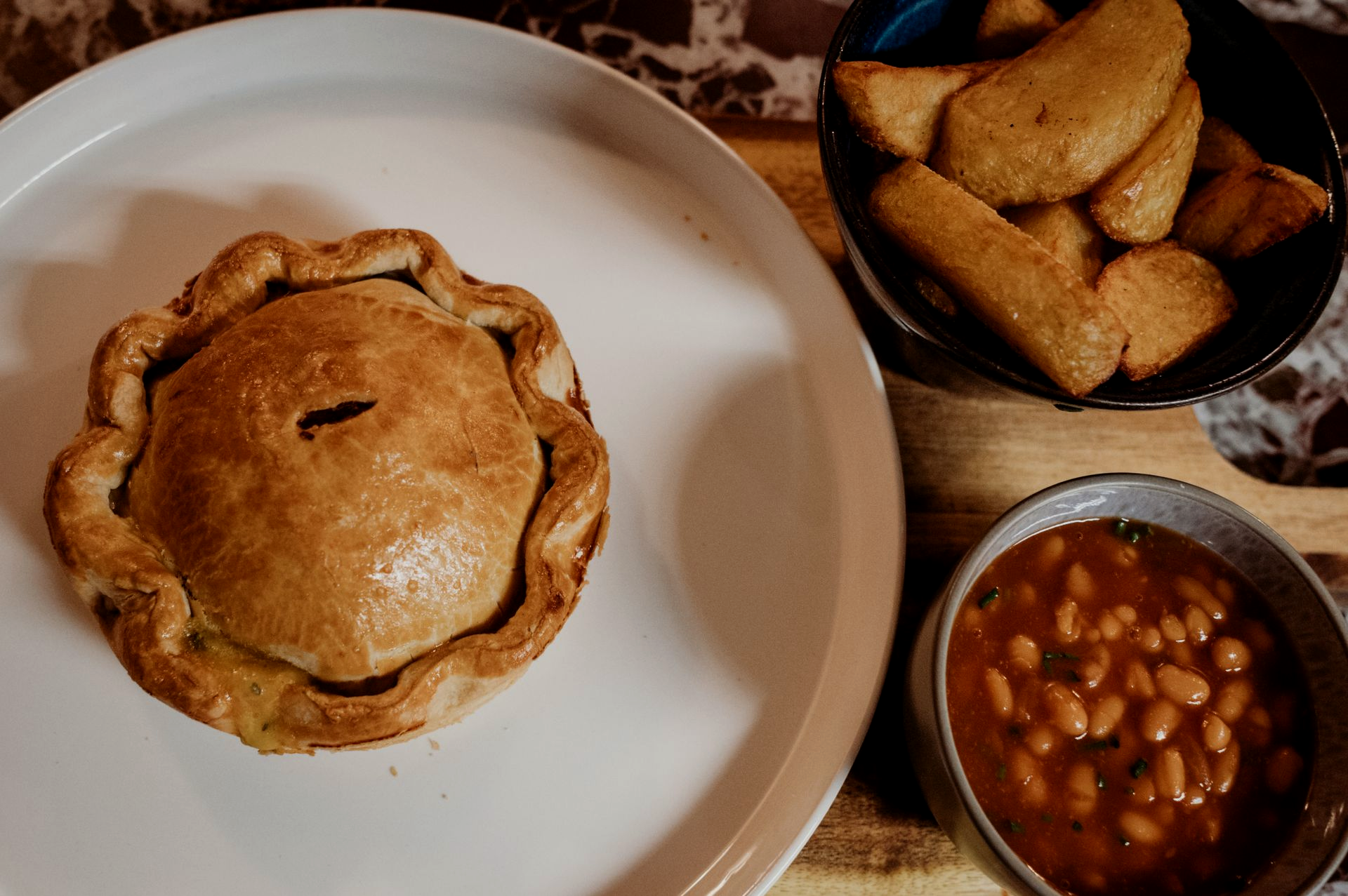 Cheese and onion pie, fat chips and beans pub food, the best pub grub at the Boot and Shoe Waterfoot, Rossendale