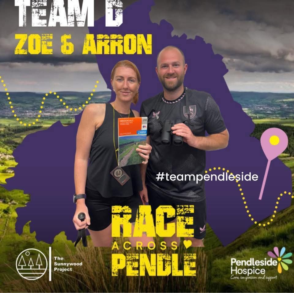 Zoe & Arron pose with a map and binoculars against a purple map outline for