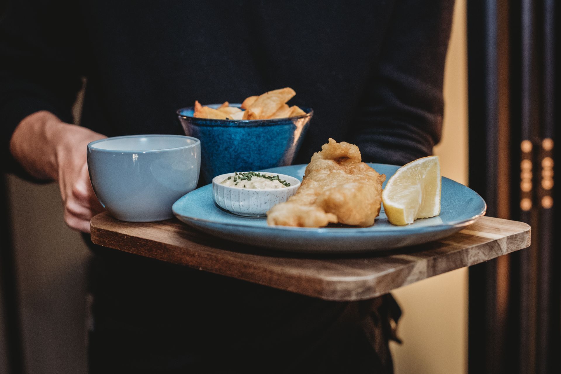 Fish and chips, a dipping sauce, lemon, and a drink. Chippy Friday at the Boot & Shoe, Waterfoot, Rossendale