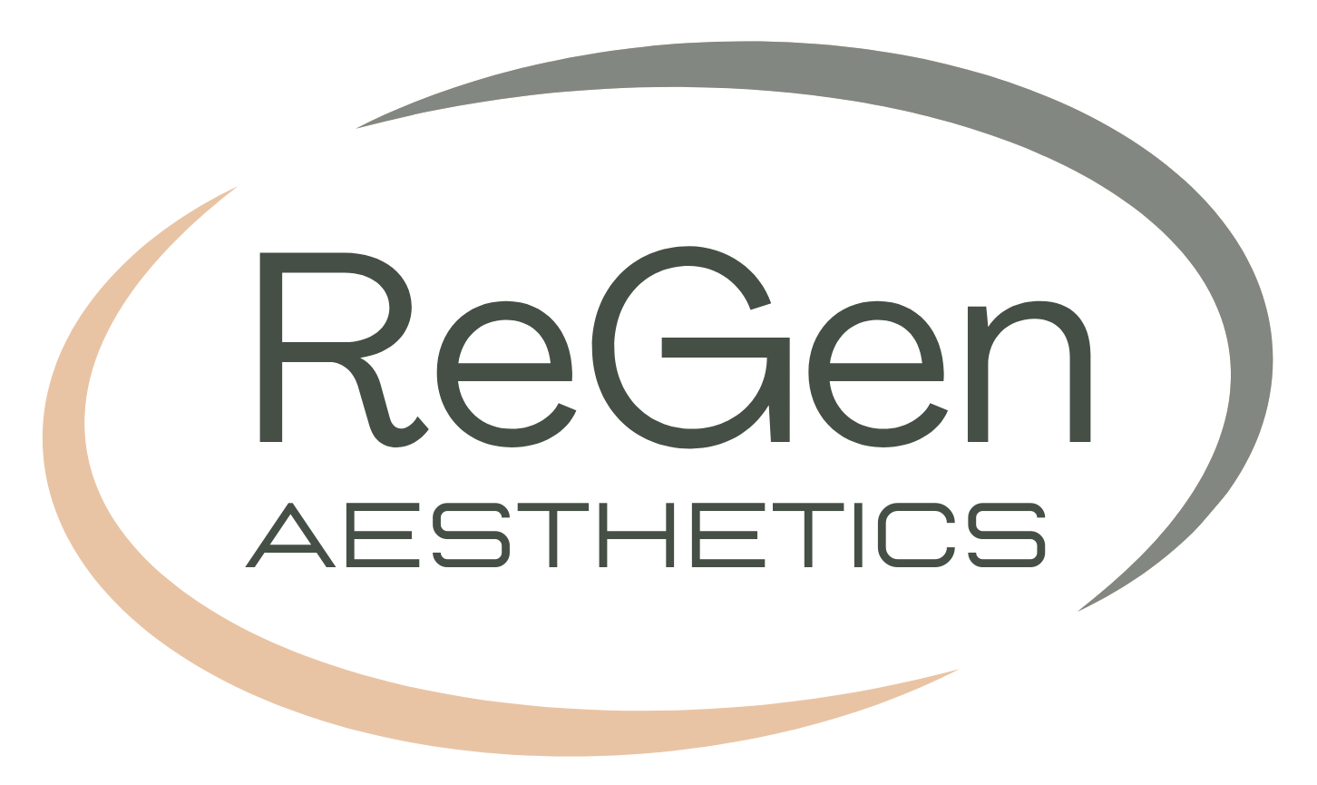 ReGen Aesthetics logo with dark grey text and curved tan and grey lines.