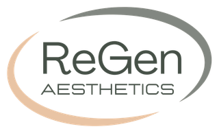 ReGen Aesthetics logo with dark grey text and curved tan and grey lines.