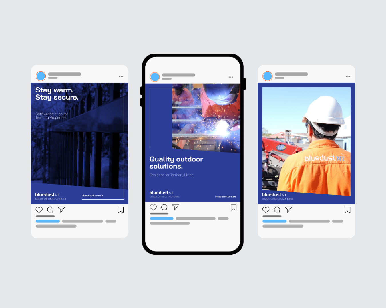 Three mobile app mockups showing outdoor travel scenes in blue, orange, and snowy colors