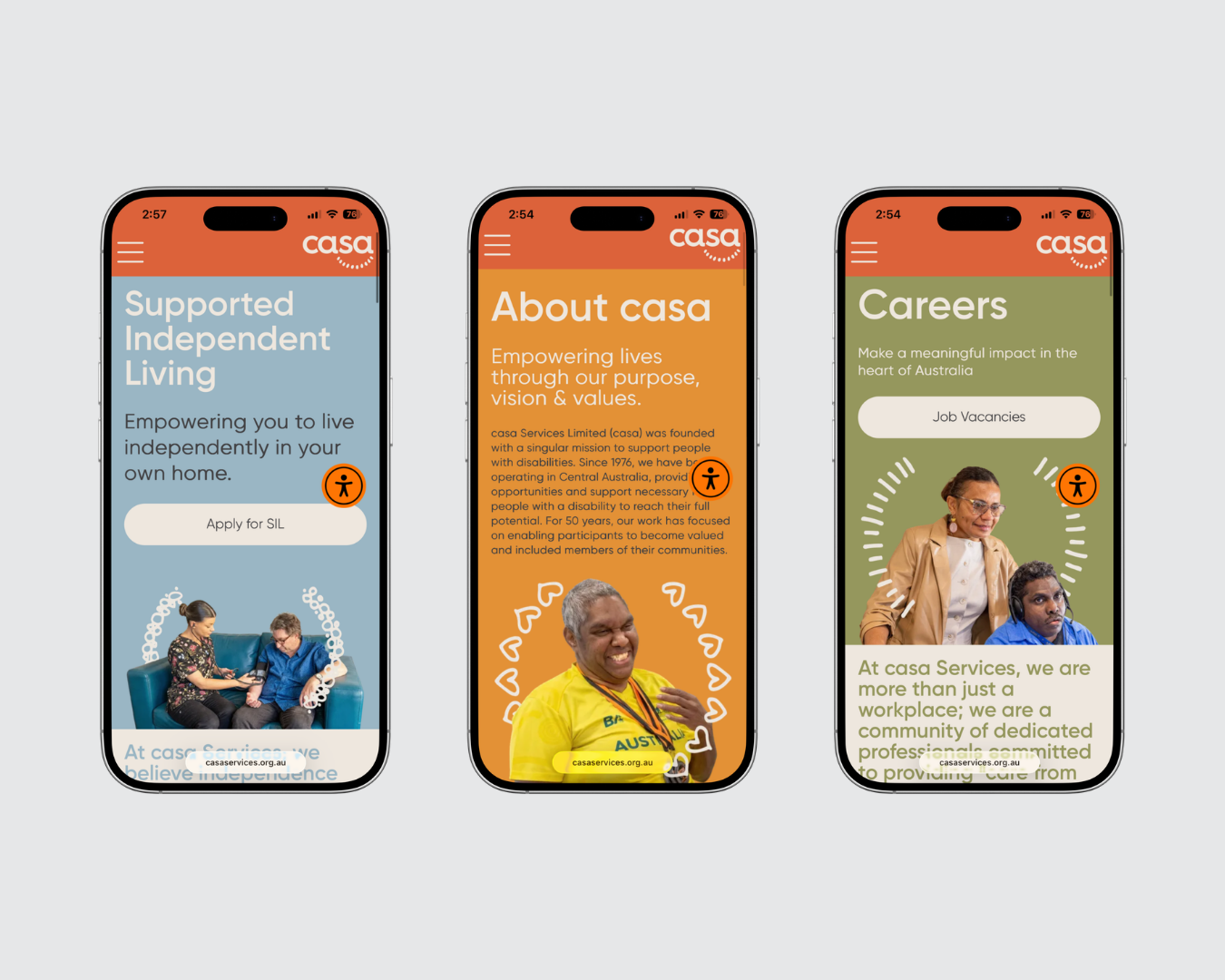 Three mobile app screens with orange headers and lifestyle photos, showing services, about, and careers pages