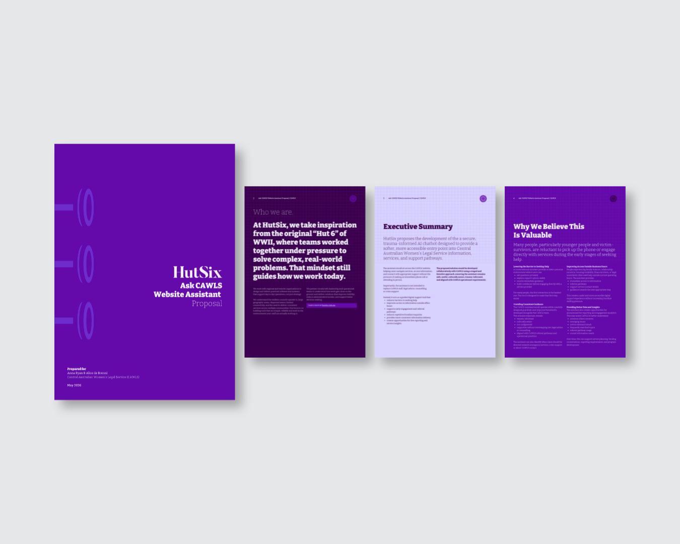 Purple marketing brochure spread with four pages shown side by side on a light gray background