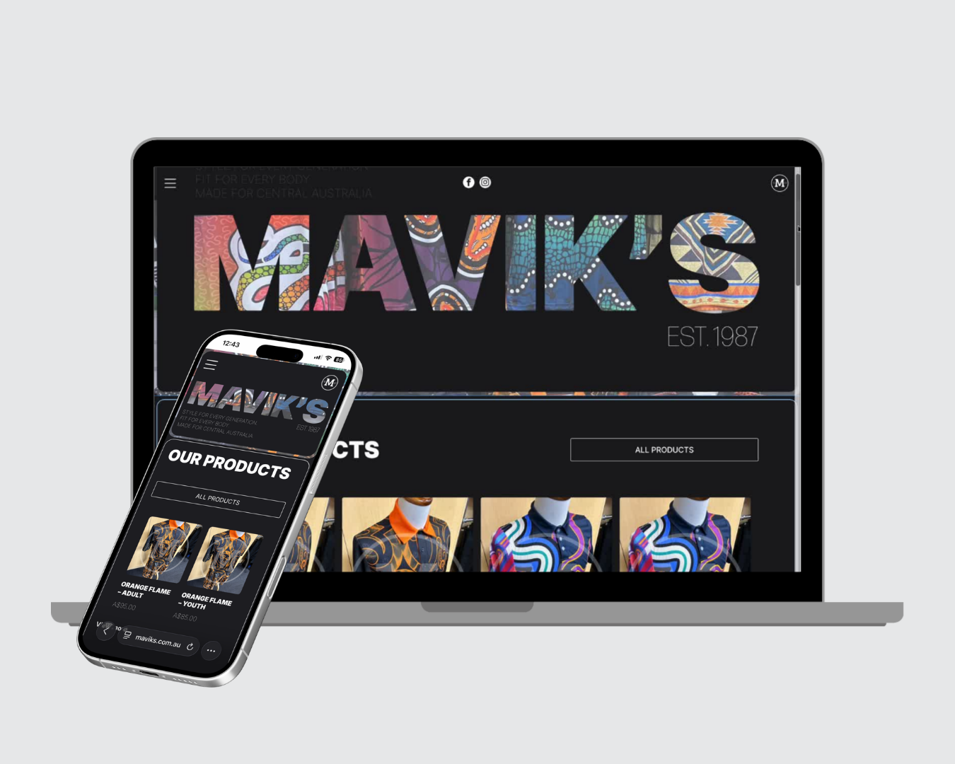 Laptop and smartphone displaying the MAVIKS website in a dark theme with colorful header graphics