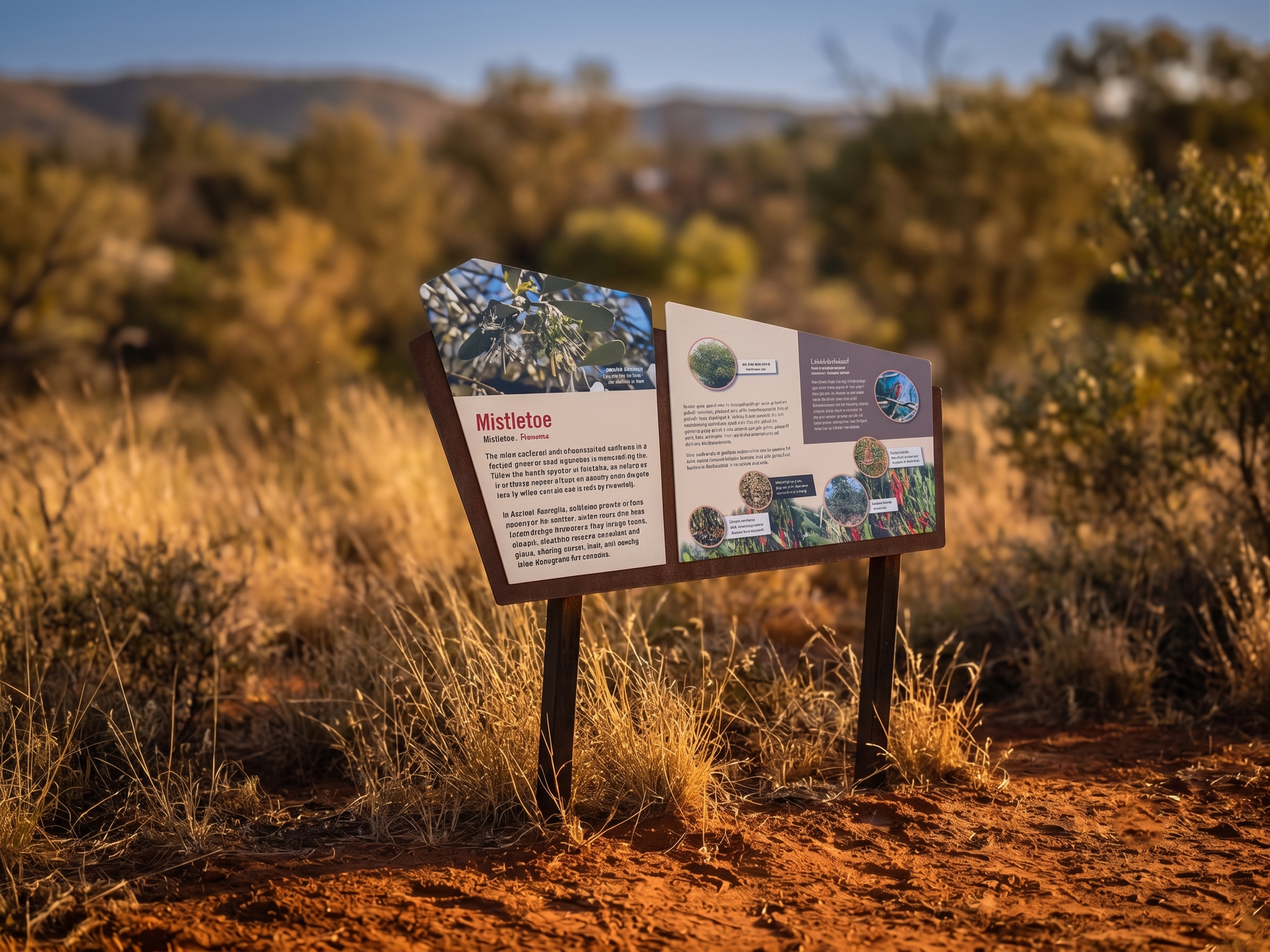 Trail sign in a dry, grassy landscape with trees and mountains in the background