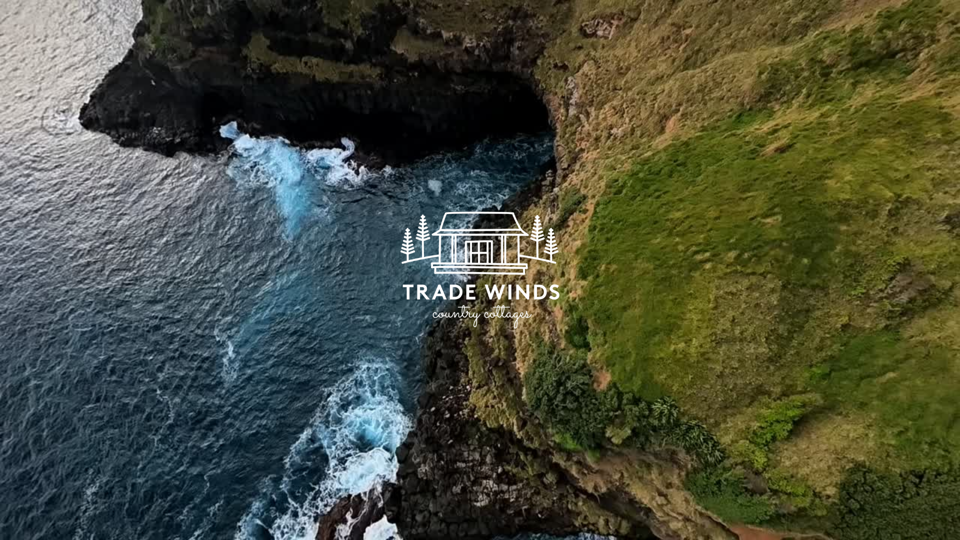 Coastal cliffs and turquoise surf with a centered “Trade Winds” logo overlaid