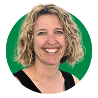 Smiling woman with curly blonde hair on a green circular background