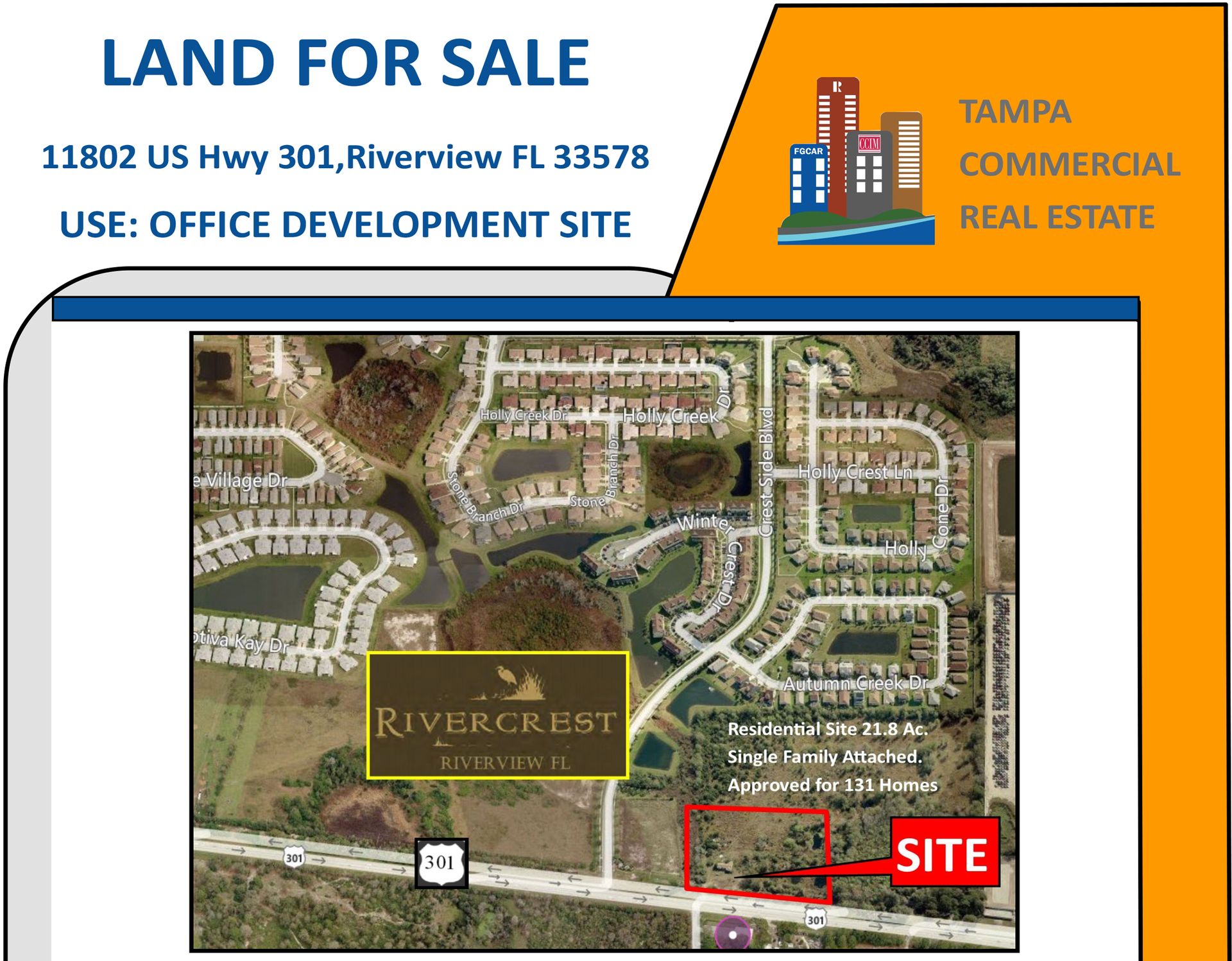 A real estate flyer for a commercial office development site for sale at 11802 US Hwy 301, Riverview, FL.