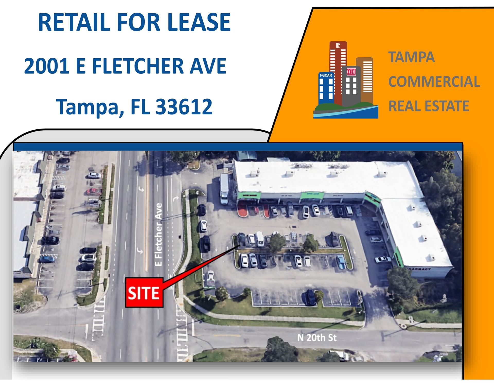Aerial view of retail space for lease at 2001 E Fletcher Ave in Tampa, FL, from Tampa Commercial Real Estate.
