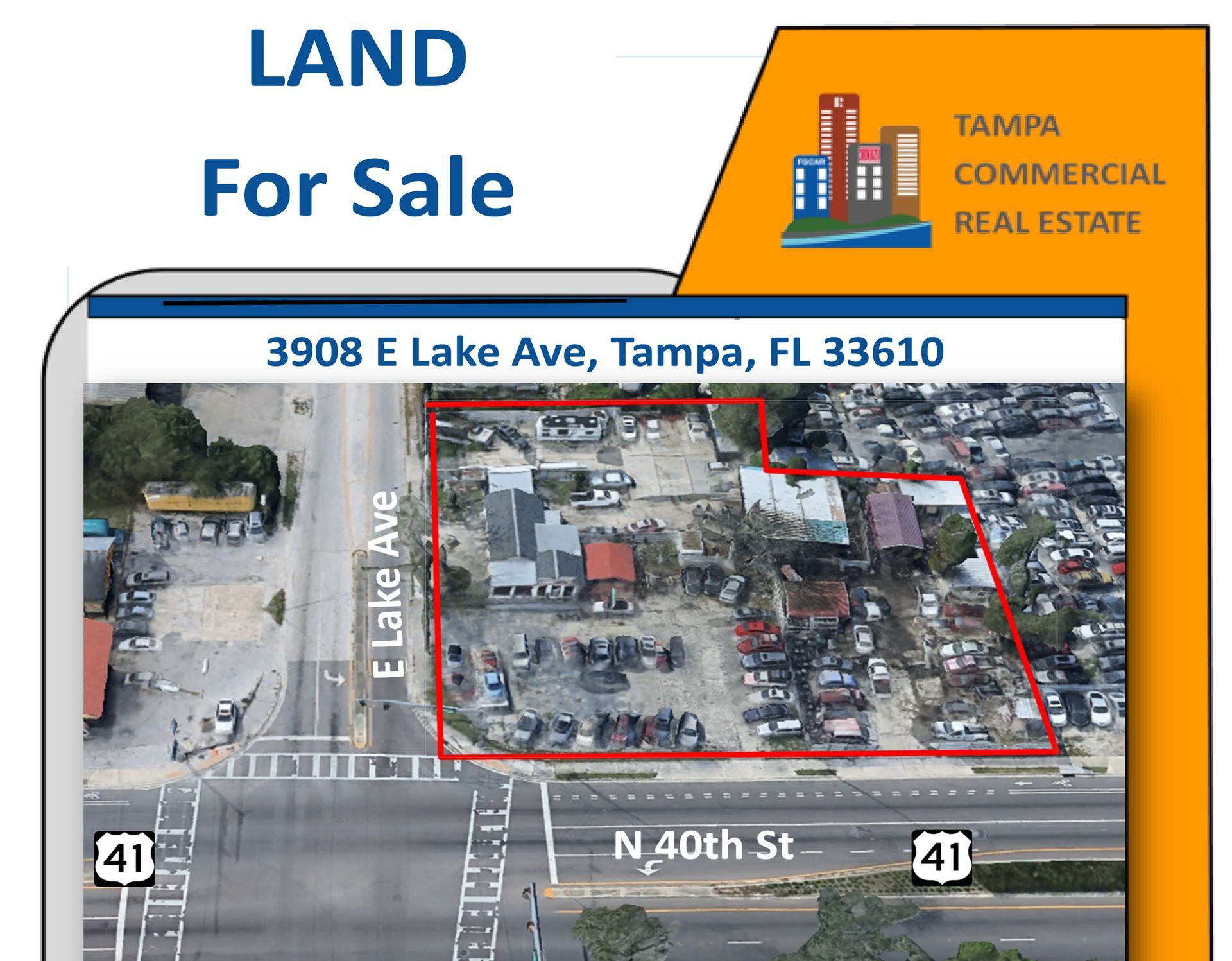 Real estate flyer for land at 3908 E Lake Ave, Tampa, featuring an aerial view of the property near N 40th St and Hwy 41.