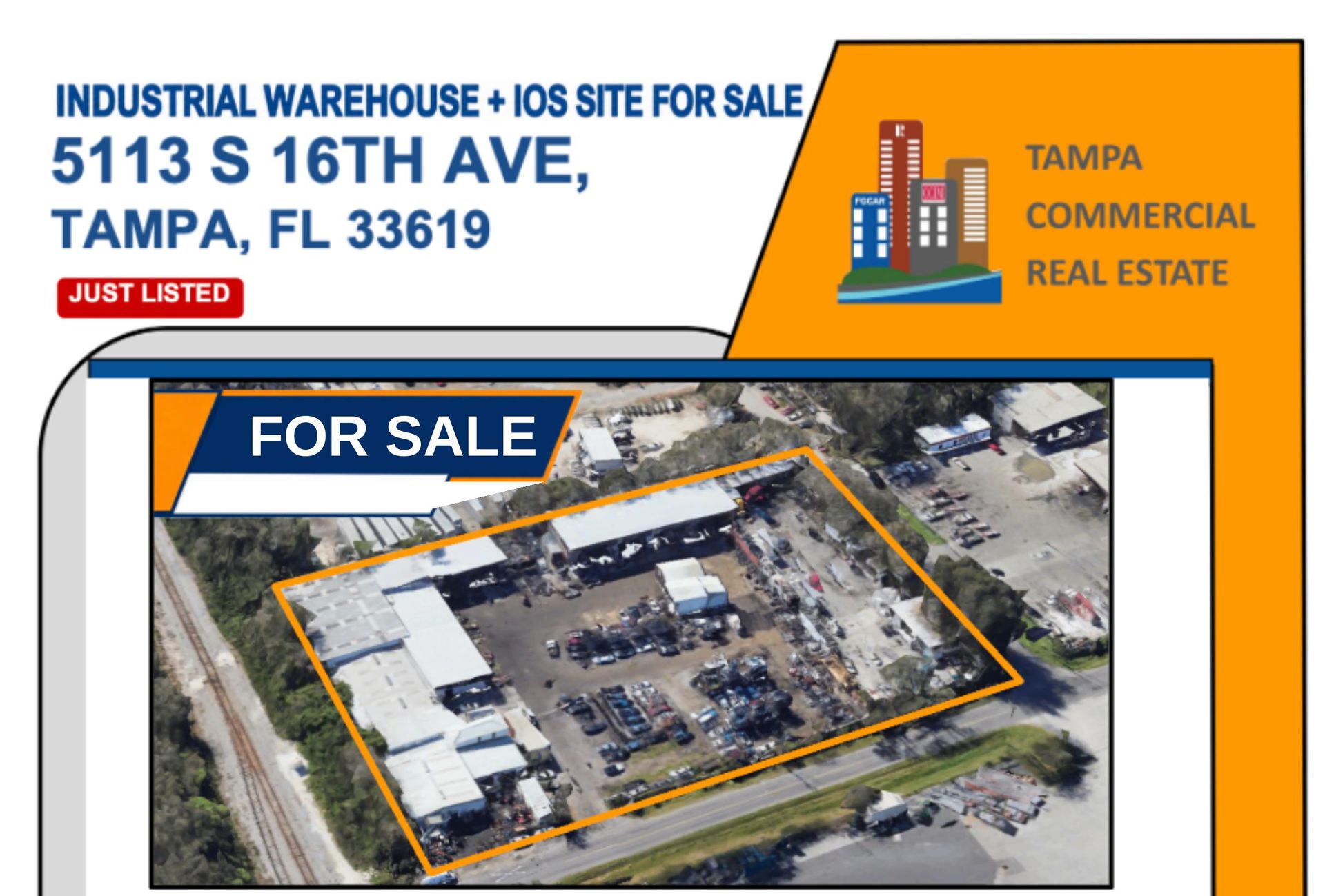 Industrial warehouse and IOS site for sale at 5113 S 16th Ave, Tampa, FL 33619, with aerial photo and “For Sale” sign