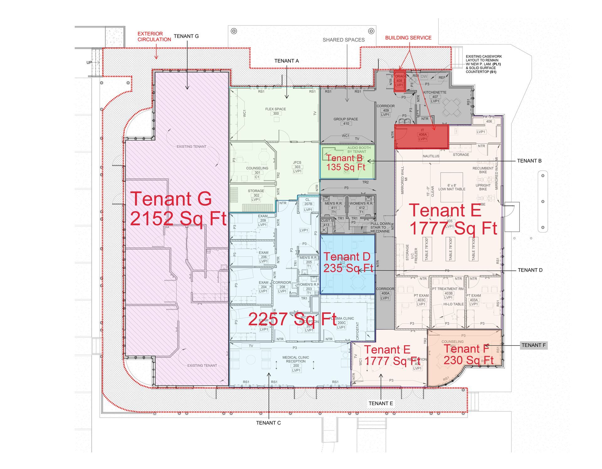 Colored floor plan showing tenant spaces G, E, and several smaller units with square footage labels