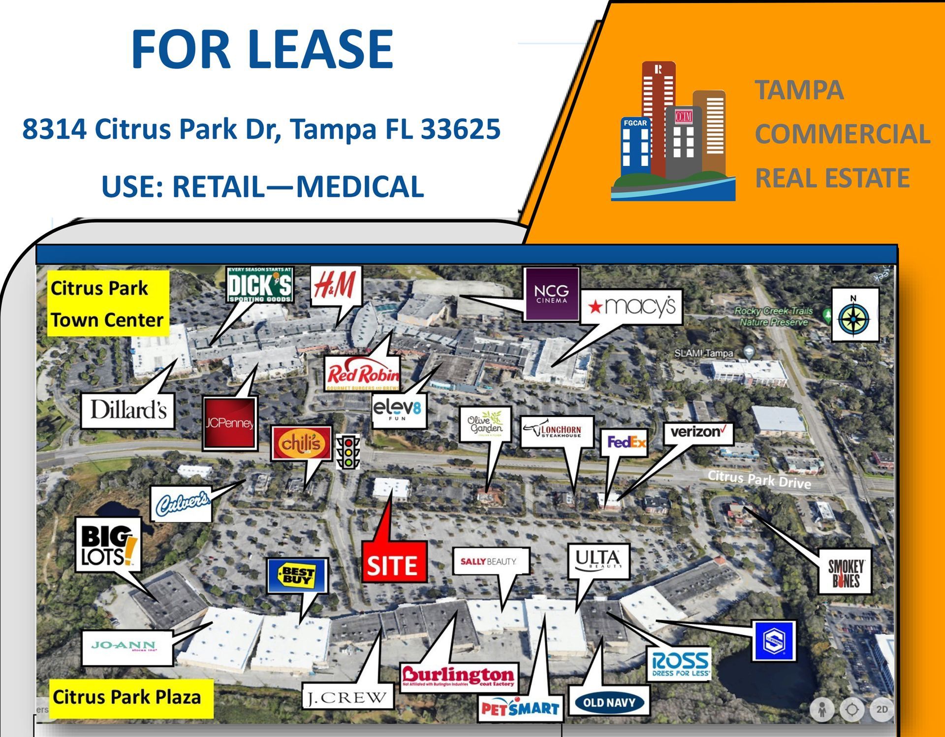 For lease sign for 8314 Citrus Park Dr, Tampa, showing an aerial map of the surrounding shopping plaza and retailers.