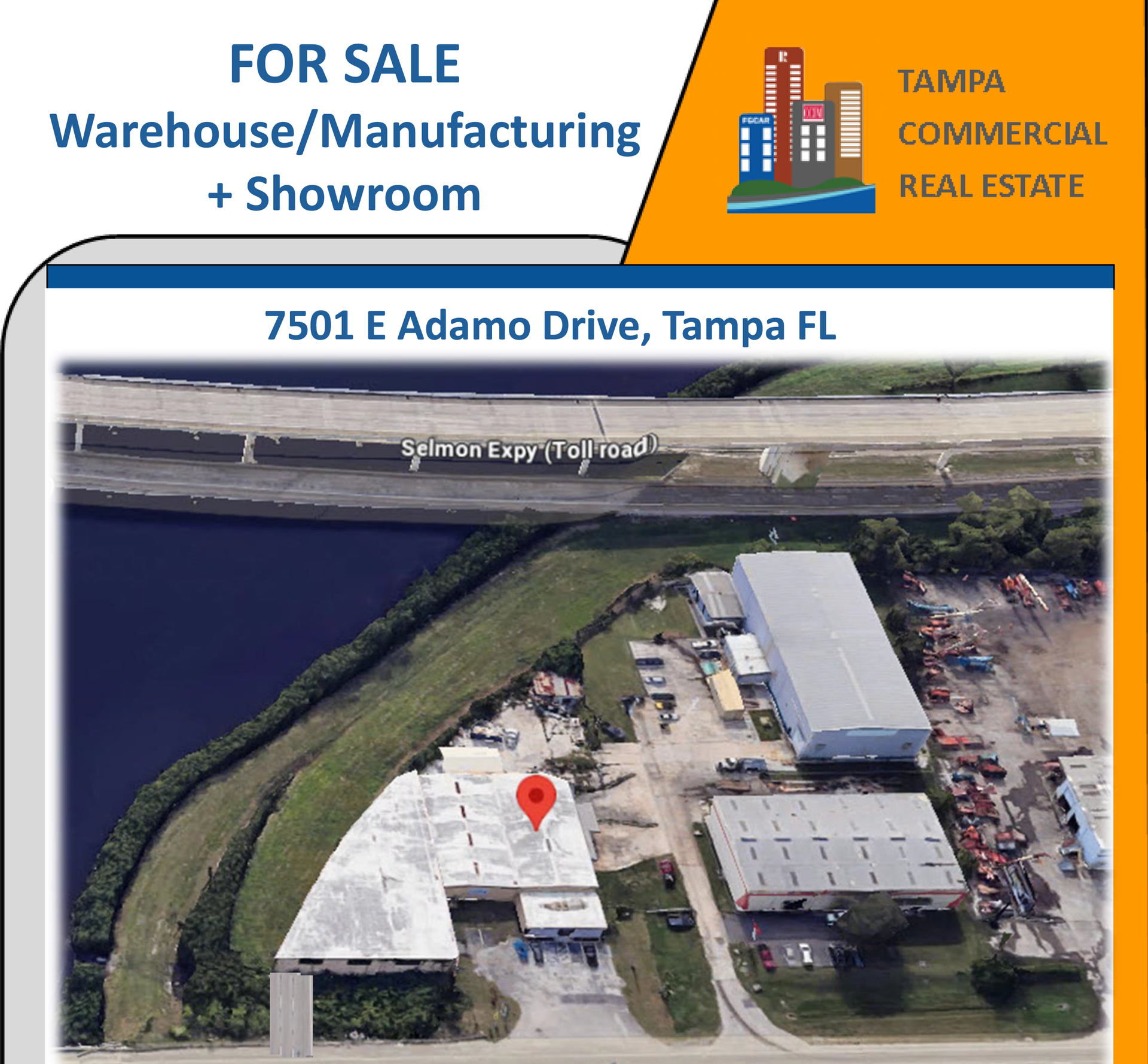 For sale: warehouse/manufacturing + showroom at 7501 E Adamo Drive, Tampa, FL, aerial view