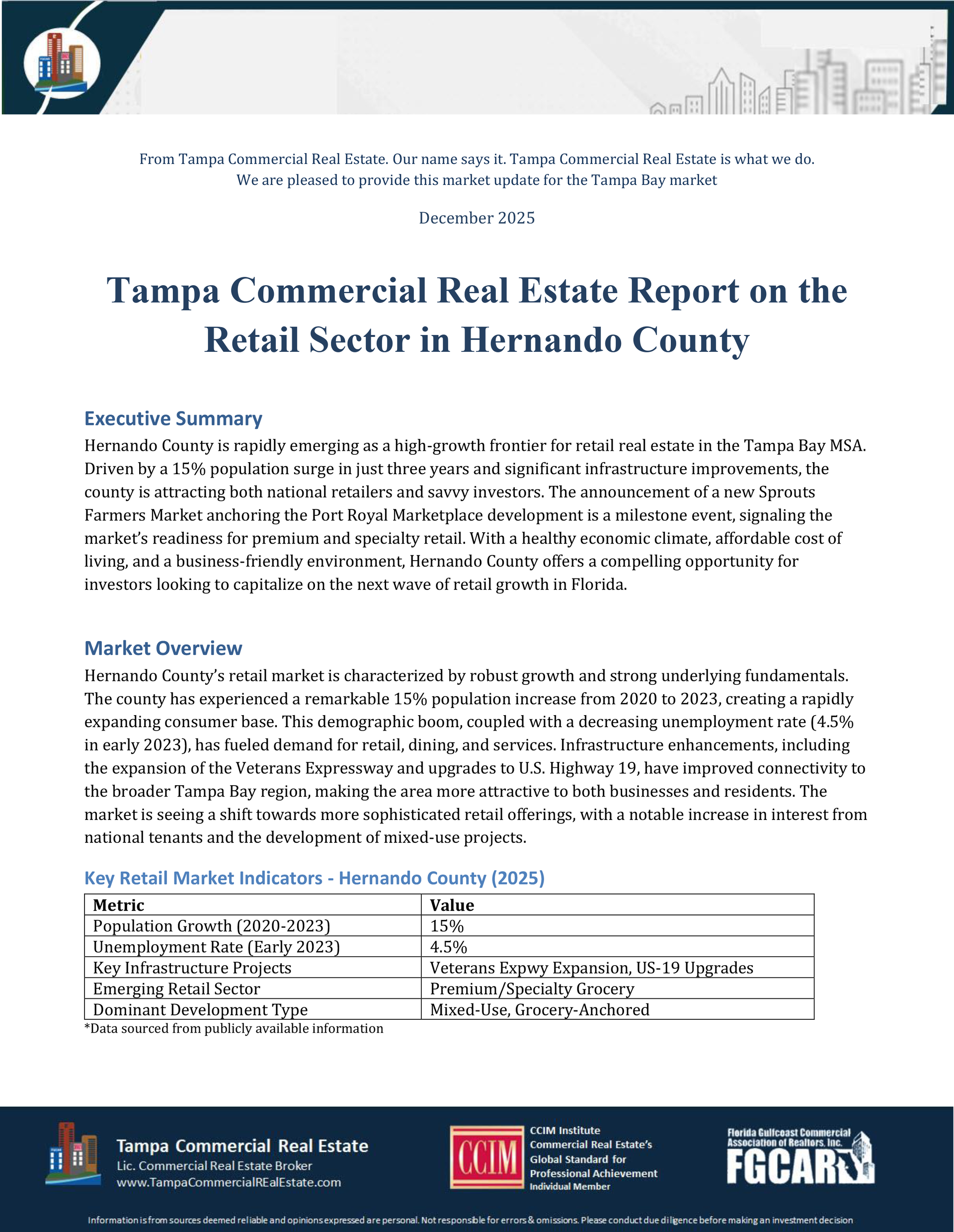 Tampa commercial real estate report page with headline, dense text, and a small data table at bottom