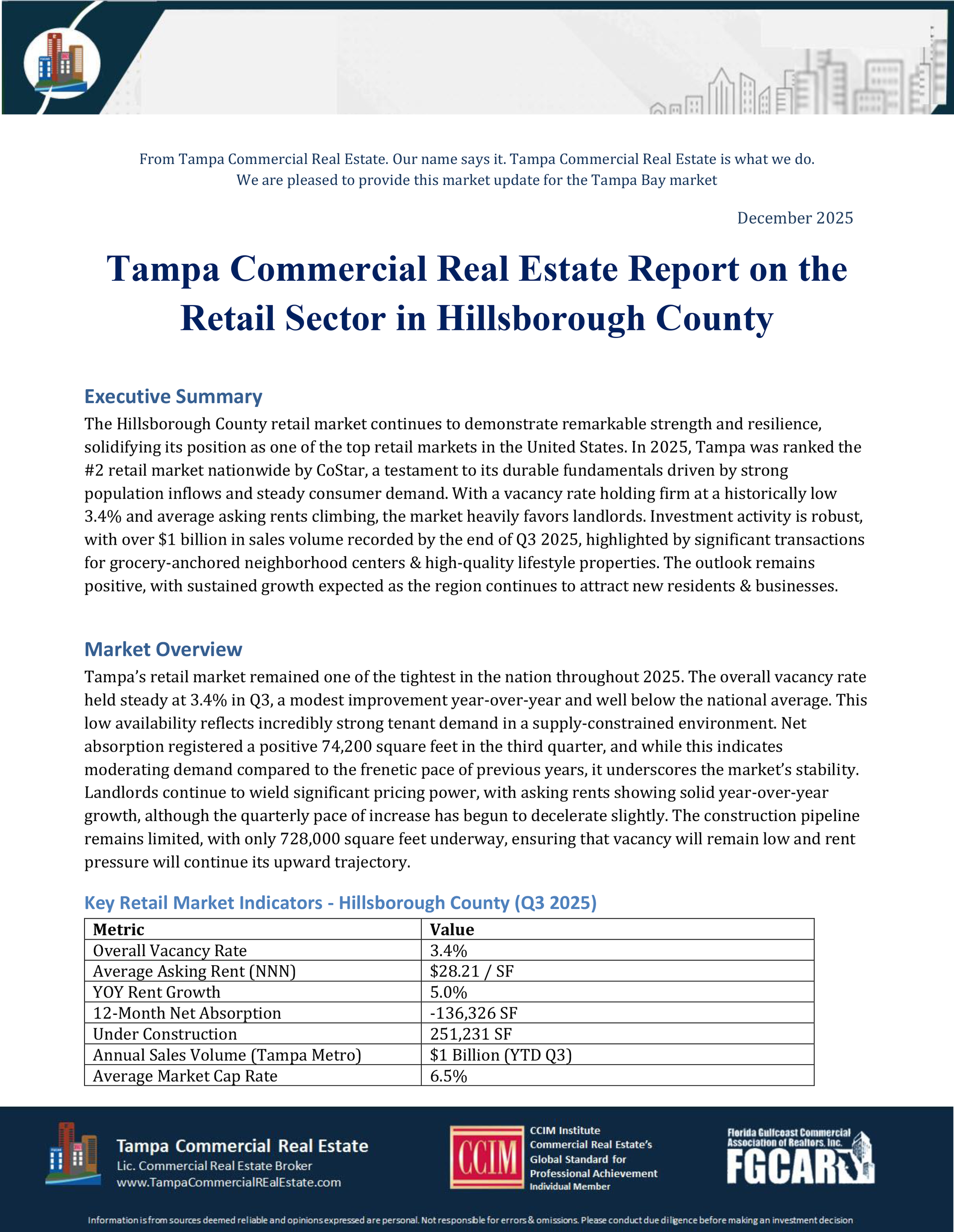 Cover of a Tampa commercial real estate report for Hillsborough County, with logos and text on a white background