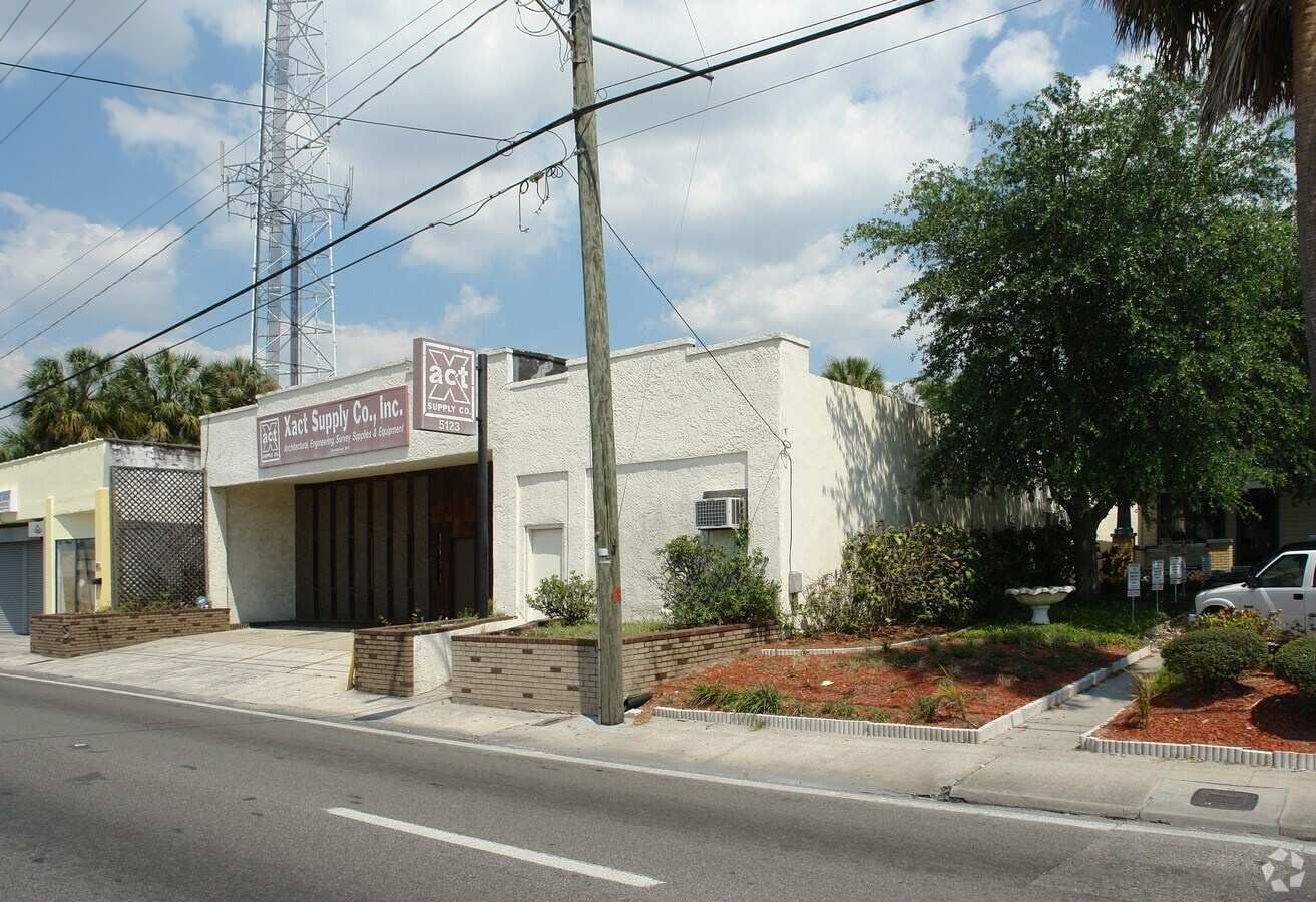 Small white building with a sign, roadside trees, and parked car under a partly cloudy sky.