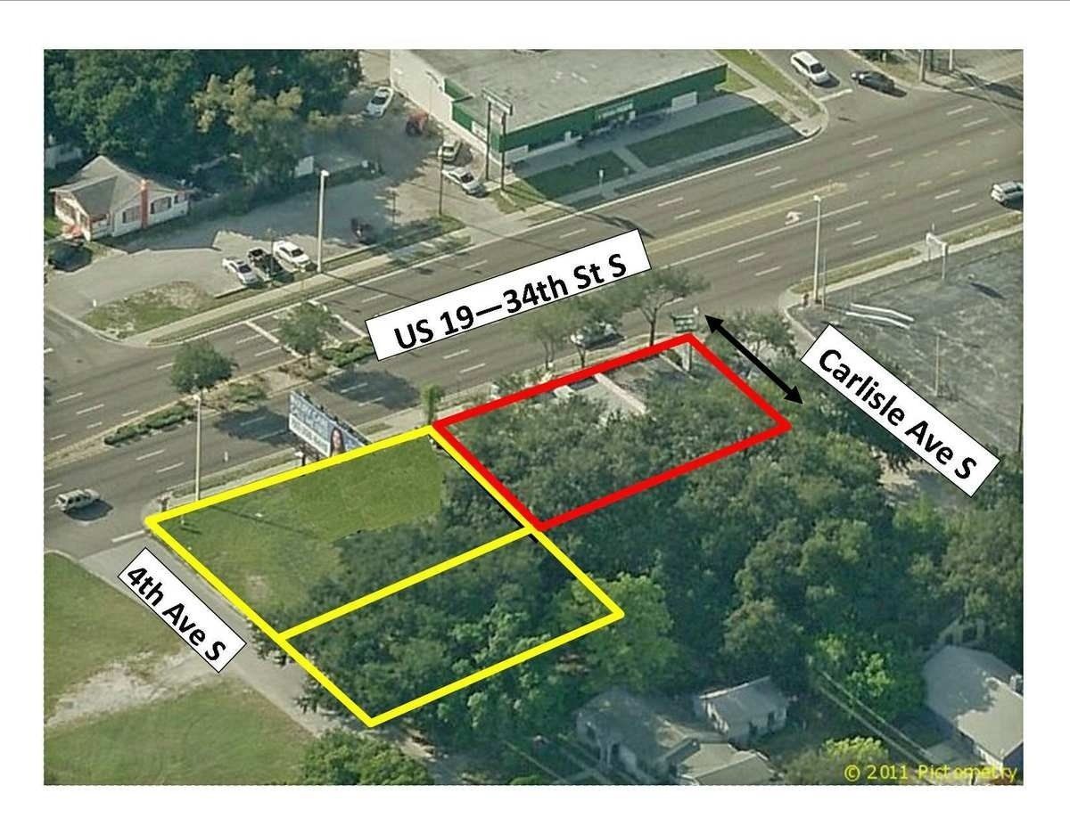 Aerial view of two outlined lots beside a highway, labeled 13th Ave S, 4th Ave S, and Charlotte Ave S.