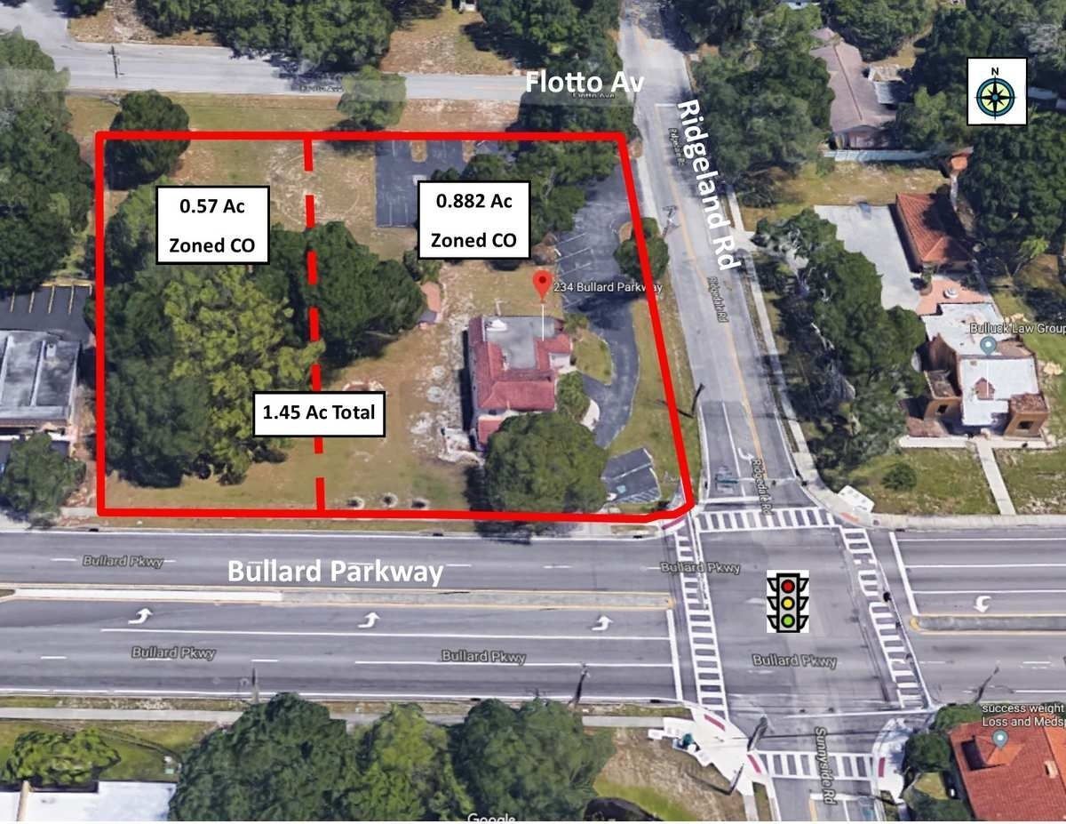 Aerial map of a corner lot outlined in red near Bullard Parkway and Flota Ave, with acreage labels.