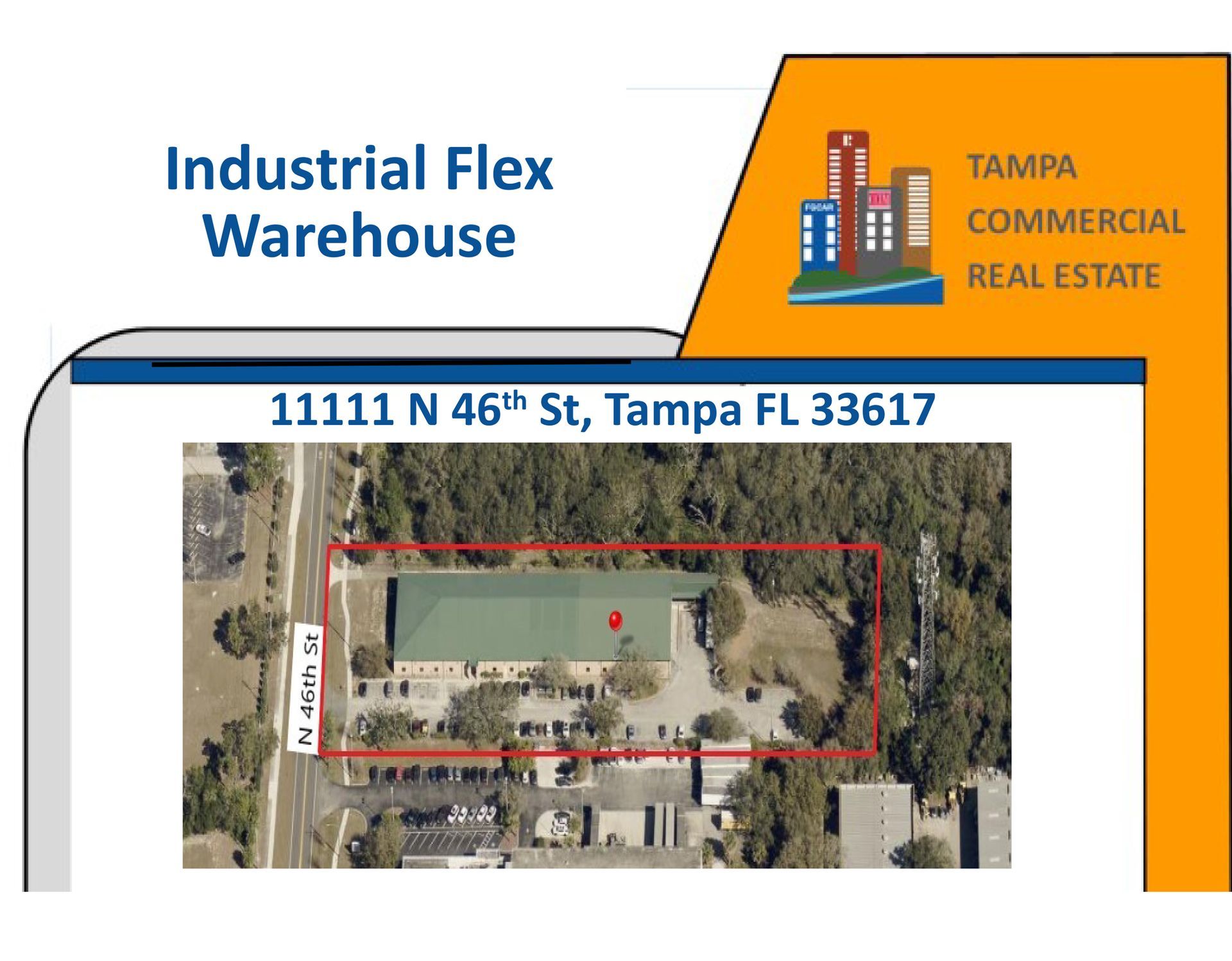 Aerial view of industrial flex warehouse site at 11111 N 46th St, Tampa, FL, outlined in red.