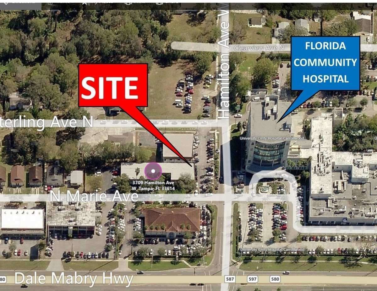 Aerial map with a red “SITE” label pointing near Florida Community Hospital.