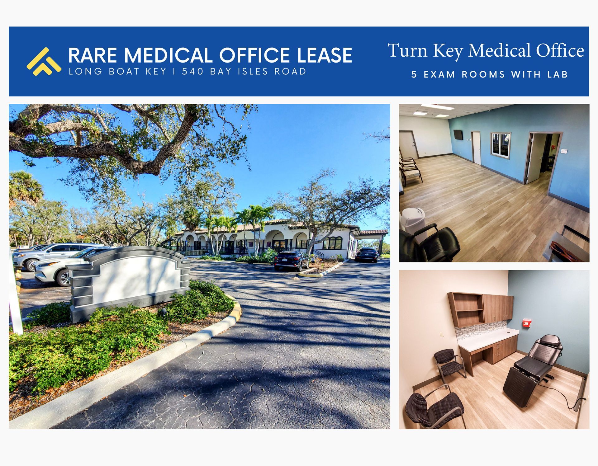 Rare medical office lease collage: exterior, hallway, and furnished exam rooms