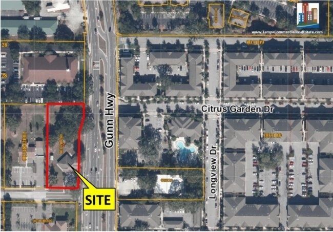 Aerial map highlighting a red-outlined site near Gunn Hwy and Citrus Park Dr.