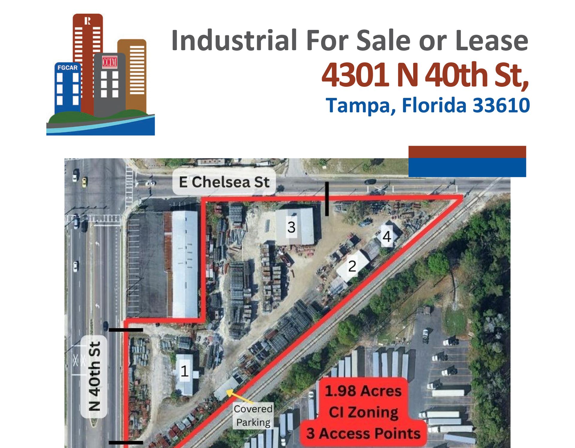 Industrial property for sale or lease in Tampa, Florida, with site map outlined in red and aerial view