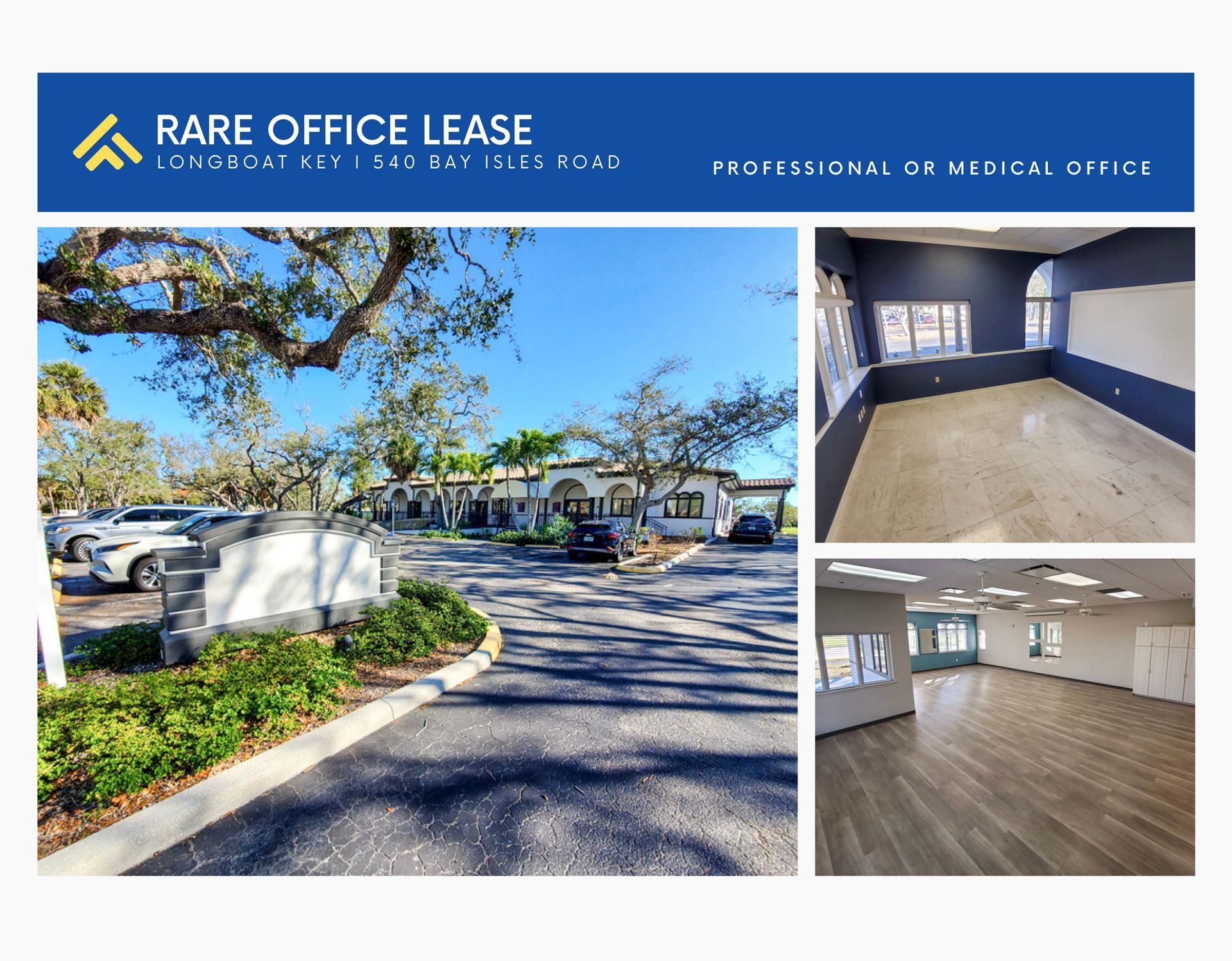Rare office lease ad with parking lot, office hallway, and bright interior rooms