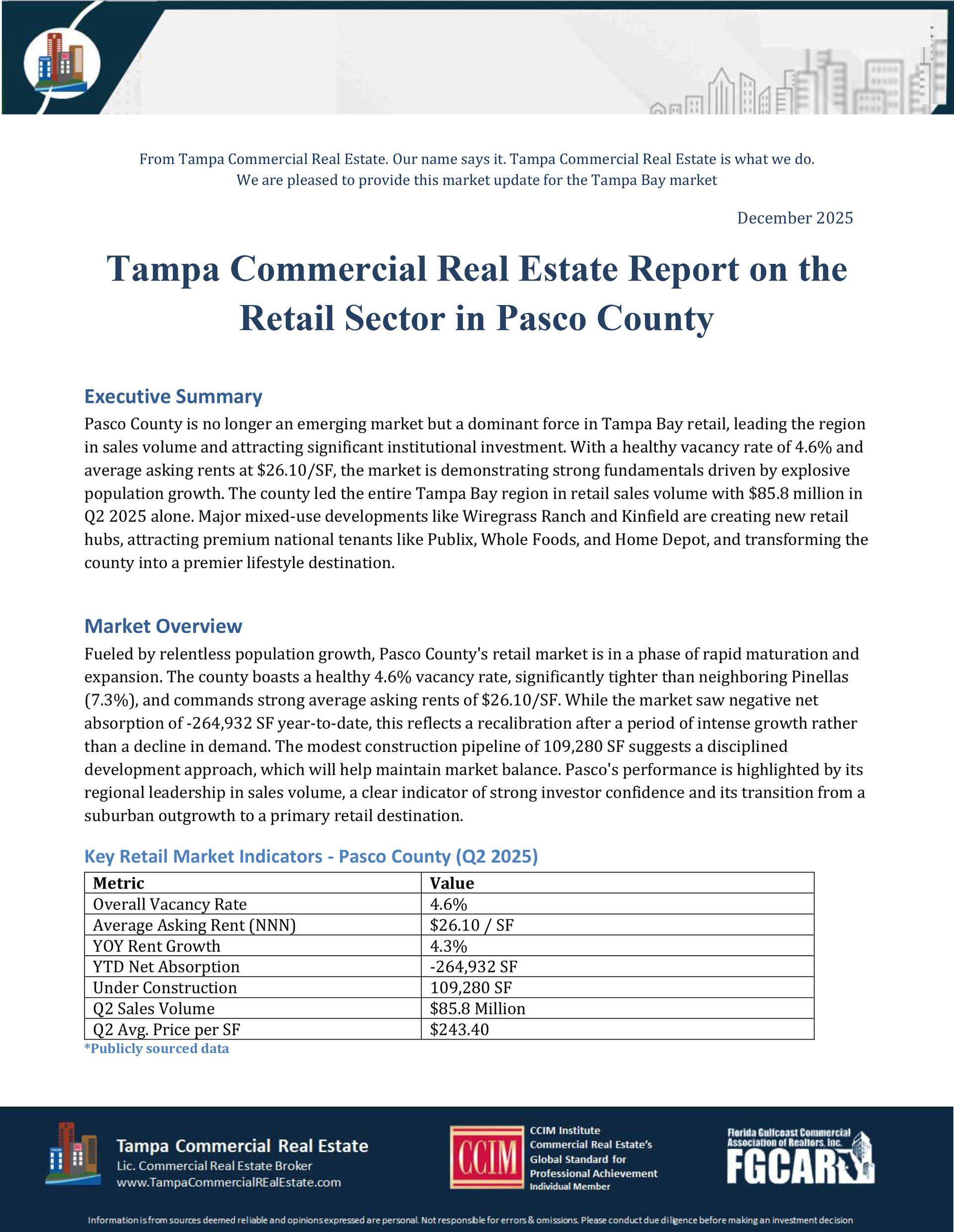Cover page of Tampa Commercial Real Estate Report with white background and blue header, featuring a data table and logos