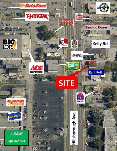 Aerial map with a red “SITE” marker on Hillsborough Ave near Kelly Rd, surrounded by store logos.