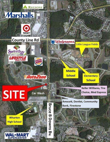 Aerial site map with labeled roads, schools, stores, and a red “SITE” marker near Walmart and Marshalls.