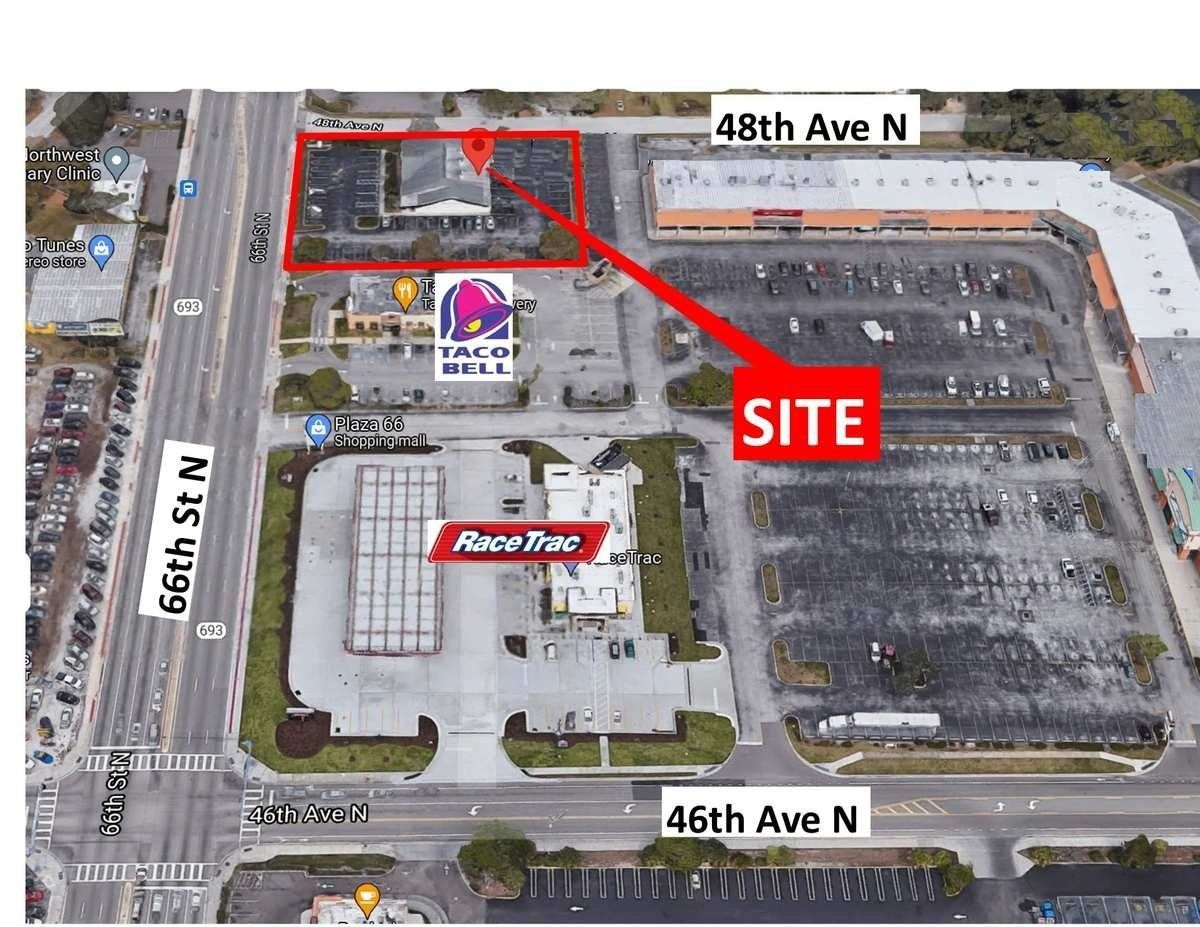 Aerial map of a retail site highlighted in red near 46th Ave N and 48th Ave N.