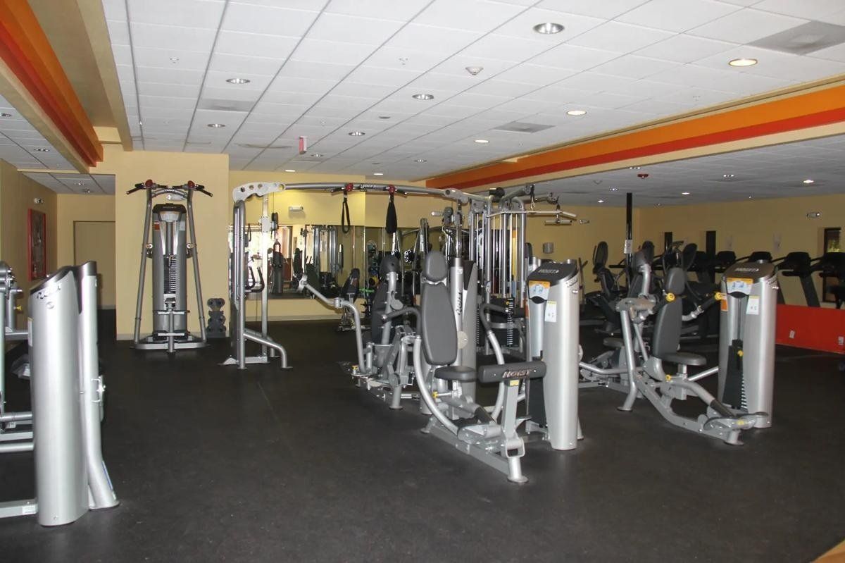 Empty gym interior with rows of exercise machines and black carpet flooring