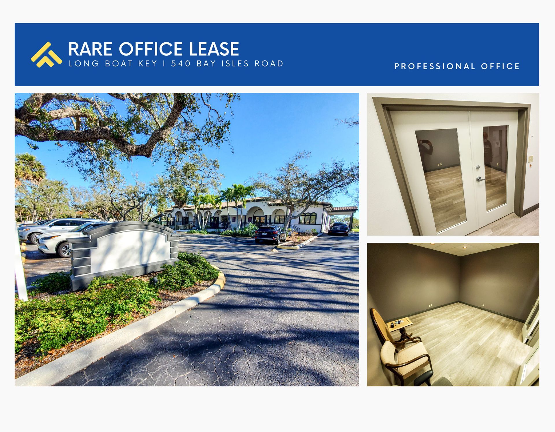 Rare Office Lease listing: sunny exterior, hallway entrance, and small office room inside