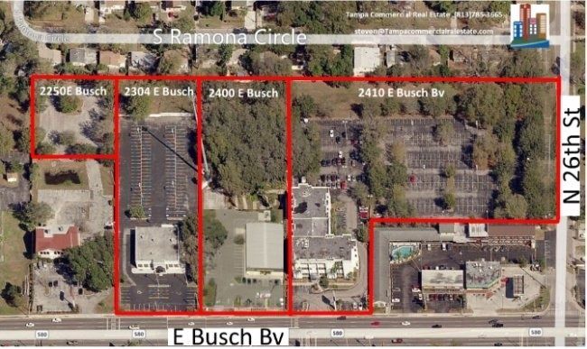 Aerial map of several red-outlined lots along E Busch Blvd and N 26th St, with parcel labels visible