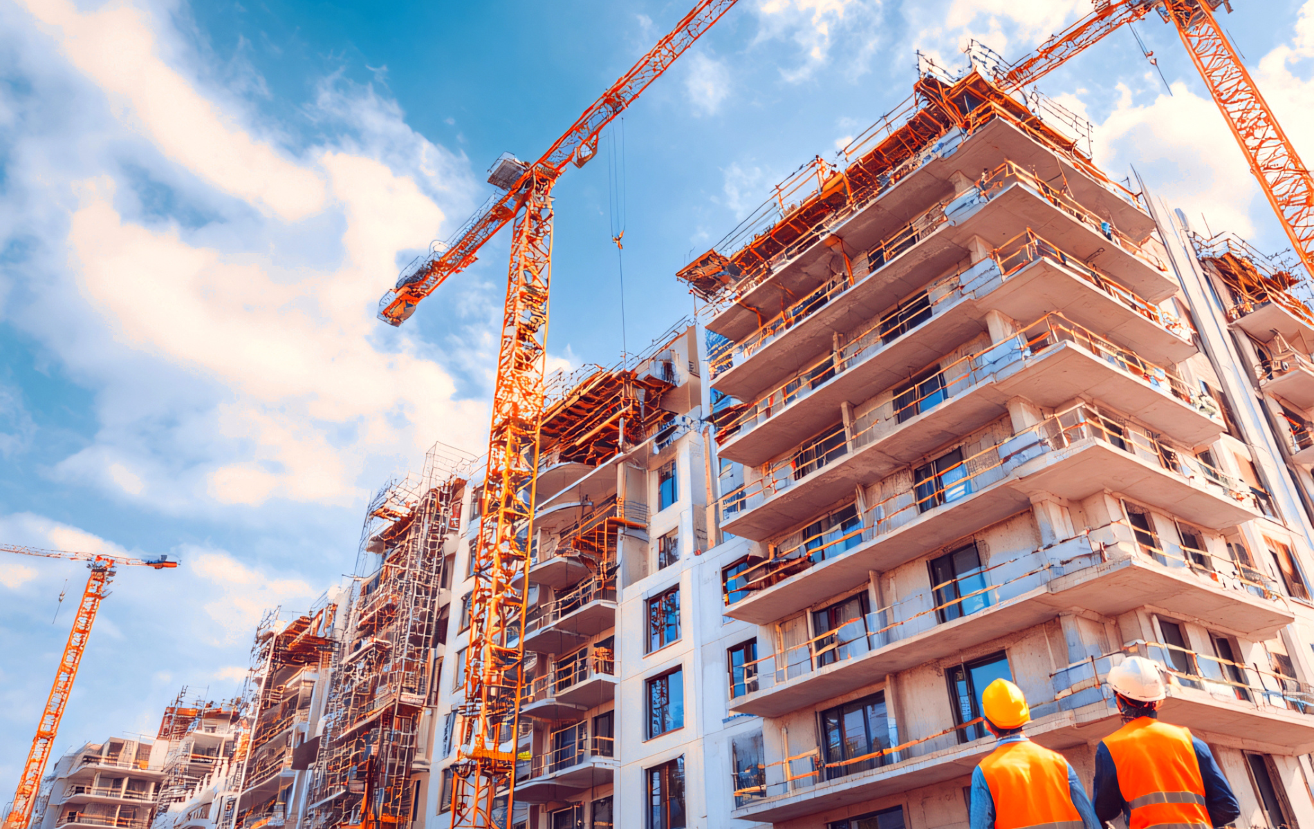 Construction site with tall cranes, unfinished building, and workers in safety vests.